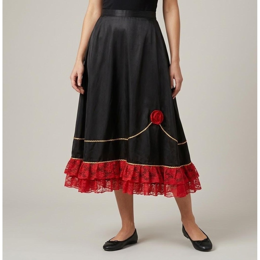 Vintage 1980s Andrea European Folklorico Flamenco Skirt 27 Black Red Germany